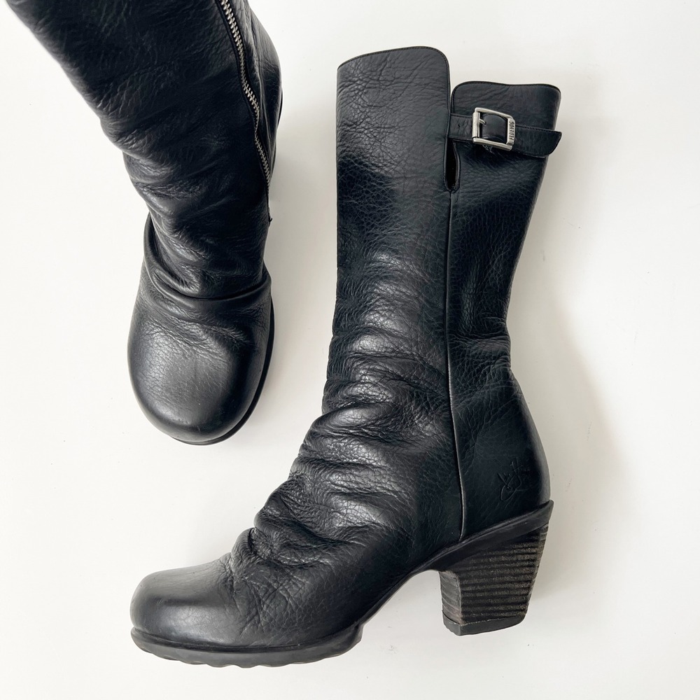 John Fluevog Hopefuls Kanawa Slouchy Zip-Up Boots 10.5 Black Leather Mid Calf
